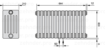 Схема (чертеж) Радиатор Zehnder Charleston 6060/14 №5410 Белый глянцевый RAL 9016